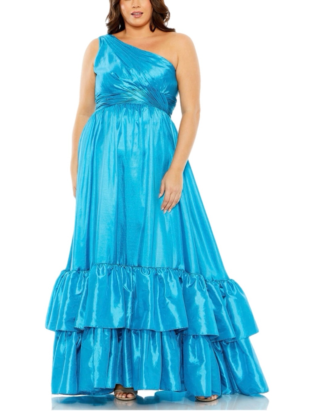 NWT Mac Duggal Turquoise One Shoulder Taffeta Ruffle Hem Formal Gown Size 14W